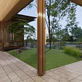 Modern Garden Landscape With Lush Trees Curved Pathway And Water Pond