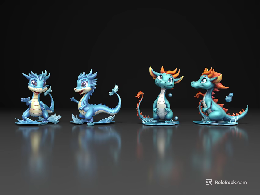 Four Blue And Orange Flying Dragons Sitting On Black Smooth Surface With Reflections 3d model