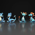Four Blue And Orange Flying Dragons Sitting On Black Smooth Surface With Reflections 3d model