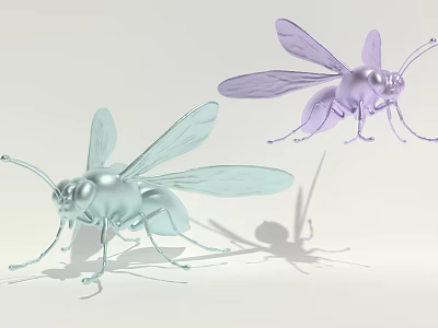 Two Metallic Silver and Purple Flying Insects With Wings On Light Background 3d model