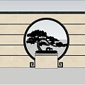 Traditional Chinese Feature Wall with Circular Opening Bonsai Tree and Square Pedestal Against Blue Sky