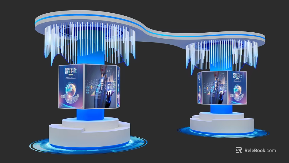 Exhibition Island Modern Design Featuring Blue Lighting Top Decorations And Display Screens On White Pedestals 3d model 