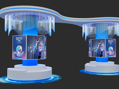 Exhibition Island Modern Design Featuring Blue Lighting Top Decorations And Display Screens On White Pedestals 3d model