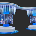Exhibition Island Modern Design Featuring Blue Lighting Top Decorations And Display Screens On White Pedestals
