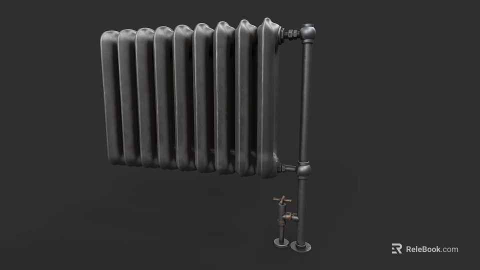 Vintage Cast Iron Radiator With Multiple Fins And Pipe Connections 3d model 