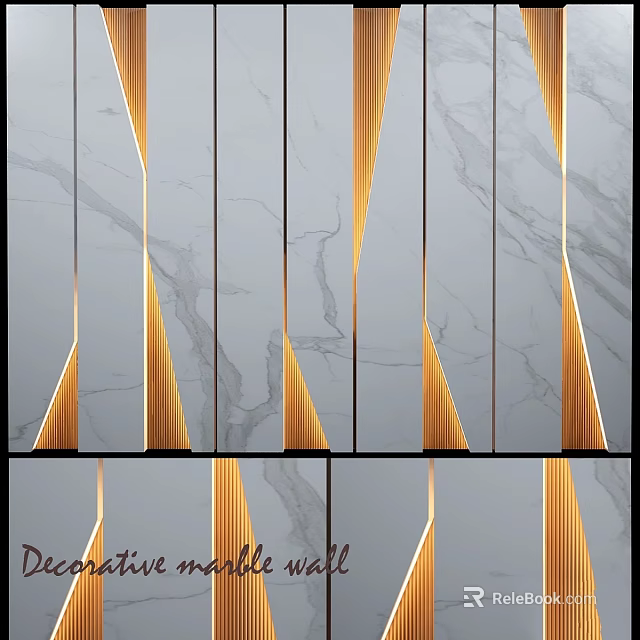 Elegant Modern Wall Decor With Marble Texture Gold Geometric Strips And Lighting 3d model