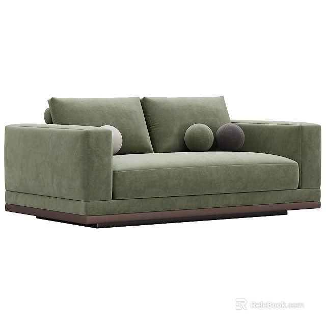 Green Velvet Two Seater Sofa With Round Pillows And Dark Wooden Base 3d model 