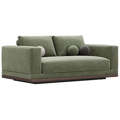 Green Velvet Two Seater Sofa With Round Pillows And Dark Wooden Base 3d model