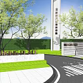 Modern Building Exterior of ARKING PLAZA with Company Entrance Green Trees Road and Signage
