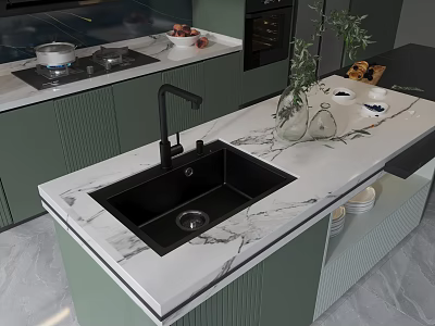 Green Kitchen Cabinets In Modern Interior With Marble Countertop And Black Sink 3d model