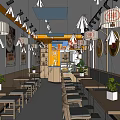 Modern Restaurant Interior With Wooden Tables Chairs Orange Lighting Wall Art And Green Plants