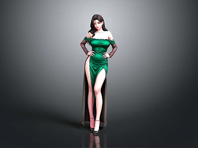 Elegant Woman In Green Off Shoulder High Slit Dress Standing With Black Gloves 3d model