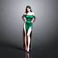 Elegant Woman In Green Off Shoulder High Slit Dress Standing With Black Gloves