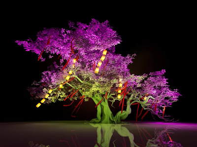 Purple Tree Landscape Sculpture Featuring Green Trunk Yellow Lanterns Red Ribbons Black Background And Reflection 3d model