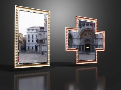 Decorative Rectangular And Cross Shaped Mirrors With Golden Frames Reflecting Buildings 3d model