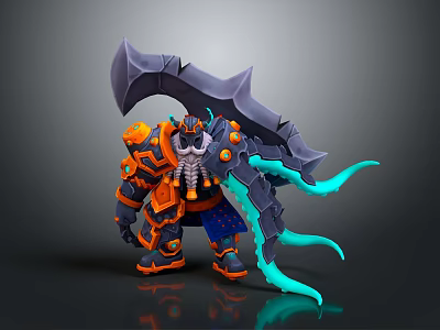 Orange Black Armored Fantasy Warrior Character With Giant Spiked Blade And Teal Tentacles 3d model