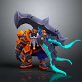 Orange Black Armored Fantasy Warrior Character With Giant Spiked Blade And Teal Tentacles