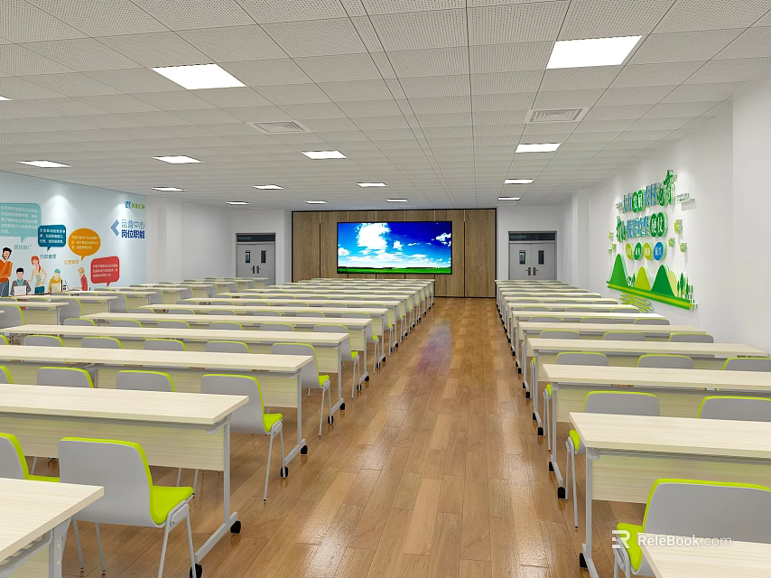 Modern Conference Room Interior with Tables Chairs Large Screen Green Wall Decor and Wooden Flooring 3d model 