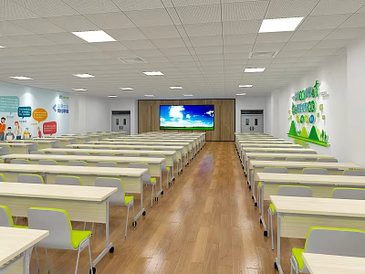 Modern Conference Room Interior with Tables Chairs Large Screen Green Wall Decor and Wooden Flooring 3d model