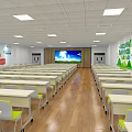 Modern Conference Room Interior with Tables Chairs Large Screen Green Wall Decor and Wooden Flooring