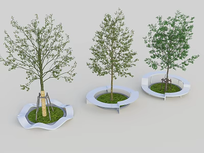 Modern Circular Tree Planters With Wavy Edges Green Grass And Trees 3d model