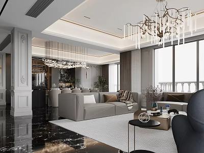 Modern Elegant Living And Dining Room With Grey Sofa Chandelier And Marble Floor 3d model