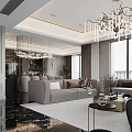 Modern Elegant Living And Dining Room With Grey Sofa Chandelier And Marble Floor