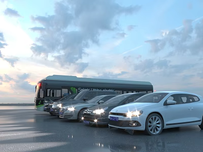 Row of Parked Cars Including Bus and Sedans in Open Area With Cloudy Sky 3d model