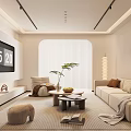 Modern Living Room Interior With Beige Sofa TV Arched Window Coffee Table And Floor Lamp