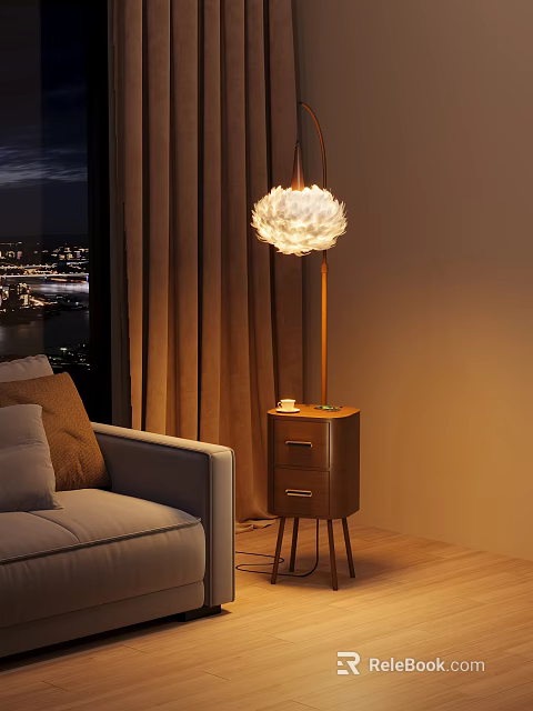 Elegant Feather Shade Floor Lamp In Living Room With Brown Curtains And Night View 3d model 