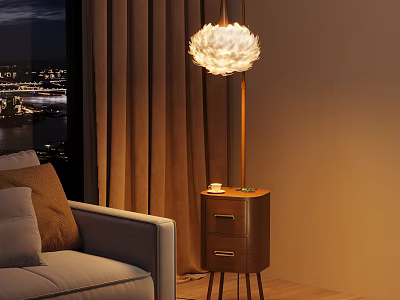 Elegant Feather Shade Floor Lamp In Living Room With Brown Curtains And Night View 3d model