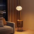 Elegant Feather Shade Floor Lamp In Living Room With Brown Curtains And Night View