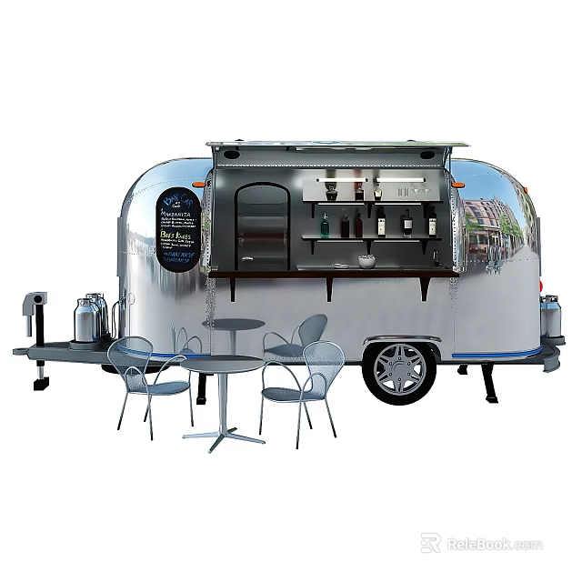 Silver Trailer Style Garden Ornament With Tables And Chairs For Outdoor Decor 3d model 