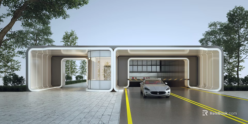 Modern Entrance Gate With Glass And Car Scene 3d model 