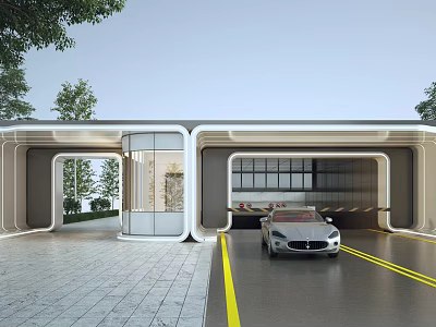 Modern Entrance Gate With Glass And Car Scene 3d model