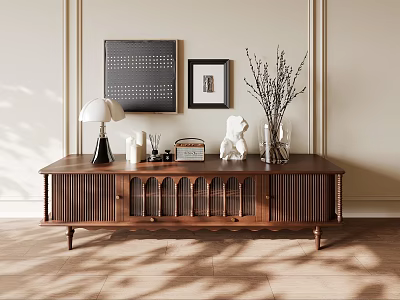 Classic Wooden TV Stand with Table Lamp Photo Frames and Decorative Vase in Bright Room 3d model