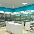 Modern Pharmacy Store Interior With Shelves Full Of Medicines And Service Counter