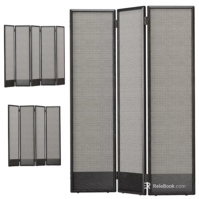 Modern Foldable Room Divider With Gray Mesh Panels And Black Metal Frames 3d model 