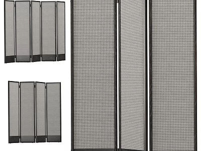 Modern Foldable Room Divider With Gray Mesh Panels And Black Metal Frames 3d model