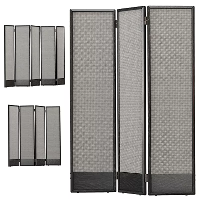 Modern Foldable Room Divider With Gray Mesh Panels And Black Metal Frames 3d model