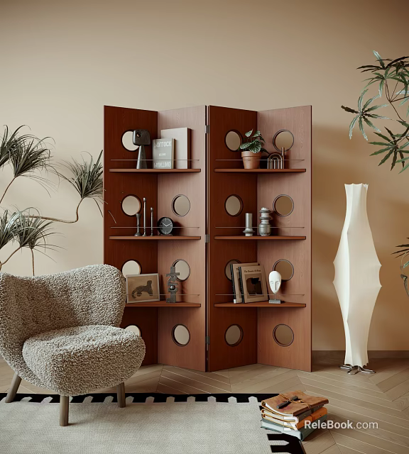 Wooden Screen With Circular Cutouts And Decorative Shelves In Neutral Room 3d model 
