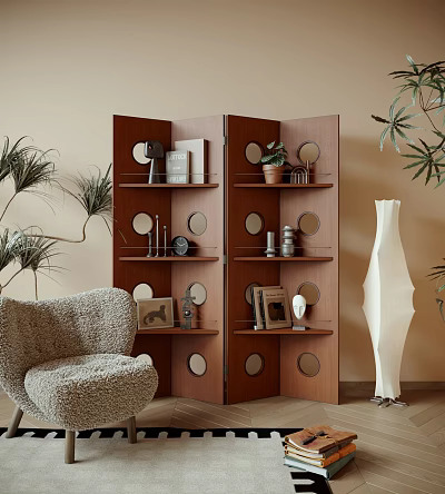 Wooden Screen With Circular Cutouts And Decorative Shelves In Neutral Room 3d model