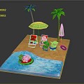 Colorful Cartoon Beach Scene With Palm Trees Green Umbrella Deck Chairs And Playful Characters