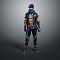Edgy Cyberpunk Character With Purple Hair Bandana Black Leather Jacket Neon Green Purple Details