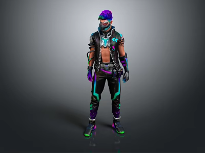 Edgy Cyberpunk Character With Purple Hair Bandana Black Leather Jacket Neon Green Purple Details 3d model