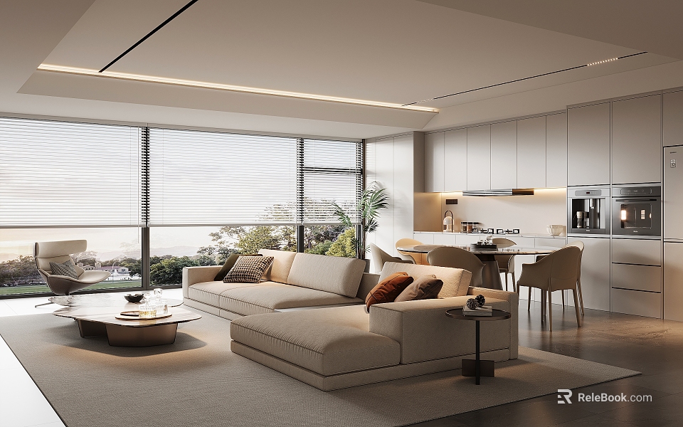 Modern Open Dining and Living Room With Sofa Dining Table Chairs And Large Windows 3d model 