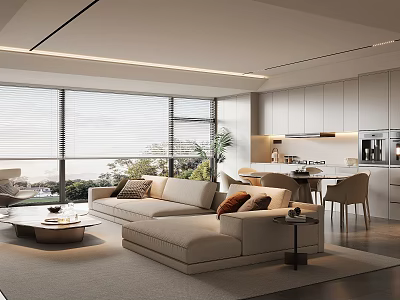 Modern Open Dining and Living Room With Sofa Dining Table Chairs And Large Windows 3d model