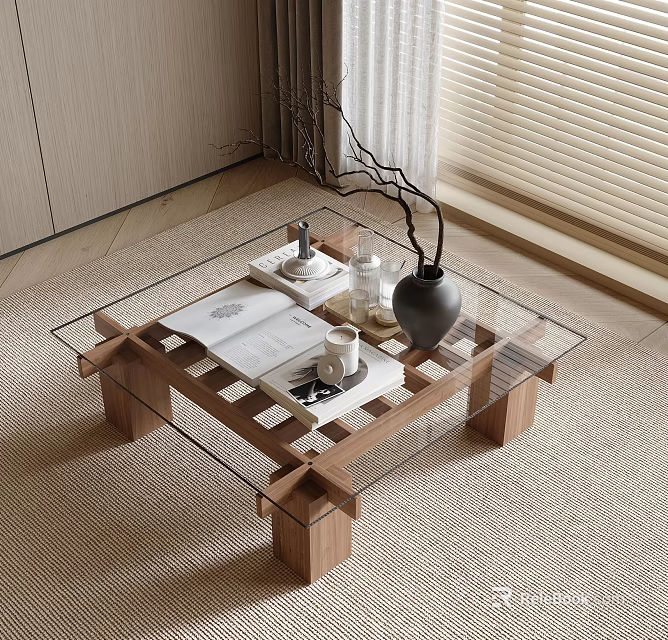 Coffee Table With Glass Top And Wooden Base Displaying Open Book Coffee Mug And Vase 3d model 