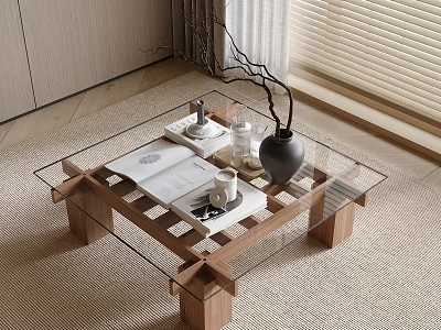 Coffee Table With Glass Top And Wooden Base Displaying Open Book Coffee Mug And Vase 3d model