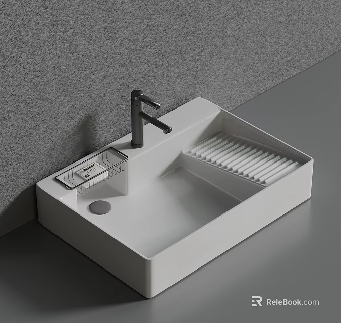 Modern White Bathroom Sink With Black Faucet Integrated Drainer And Gray Countertop 3d model 